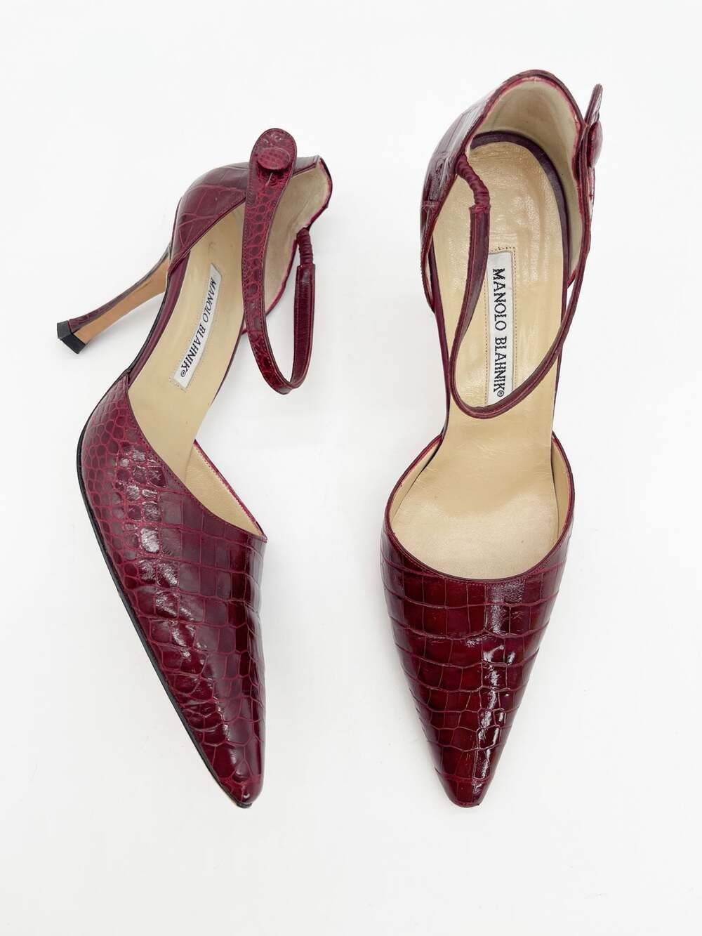 Manolo Blahnik Vintage Burgundy Alligator Leather Ankle Strap Pumps Heels IT 38